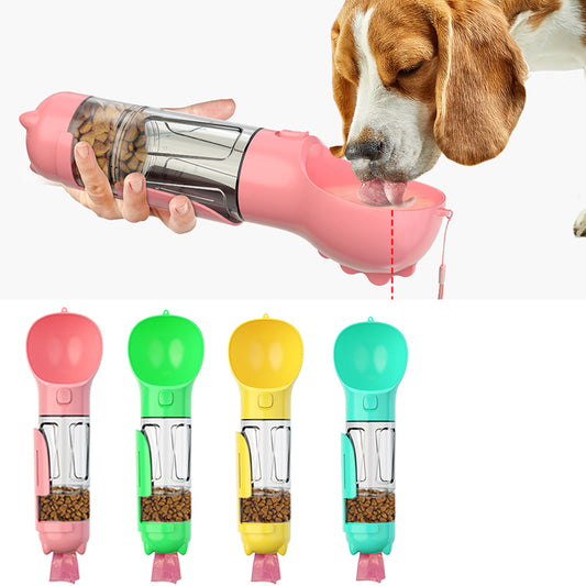 Pink pet water bottle with a dog drinking from it, followed by four colorful pet water bottles.